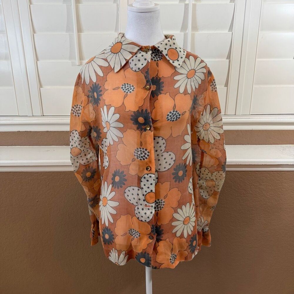 Vintage 70s Floral Chiffon Button Up Shirt Sheer Orange Sz M  Mod Boho Chic